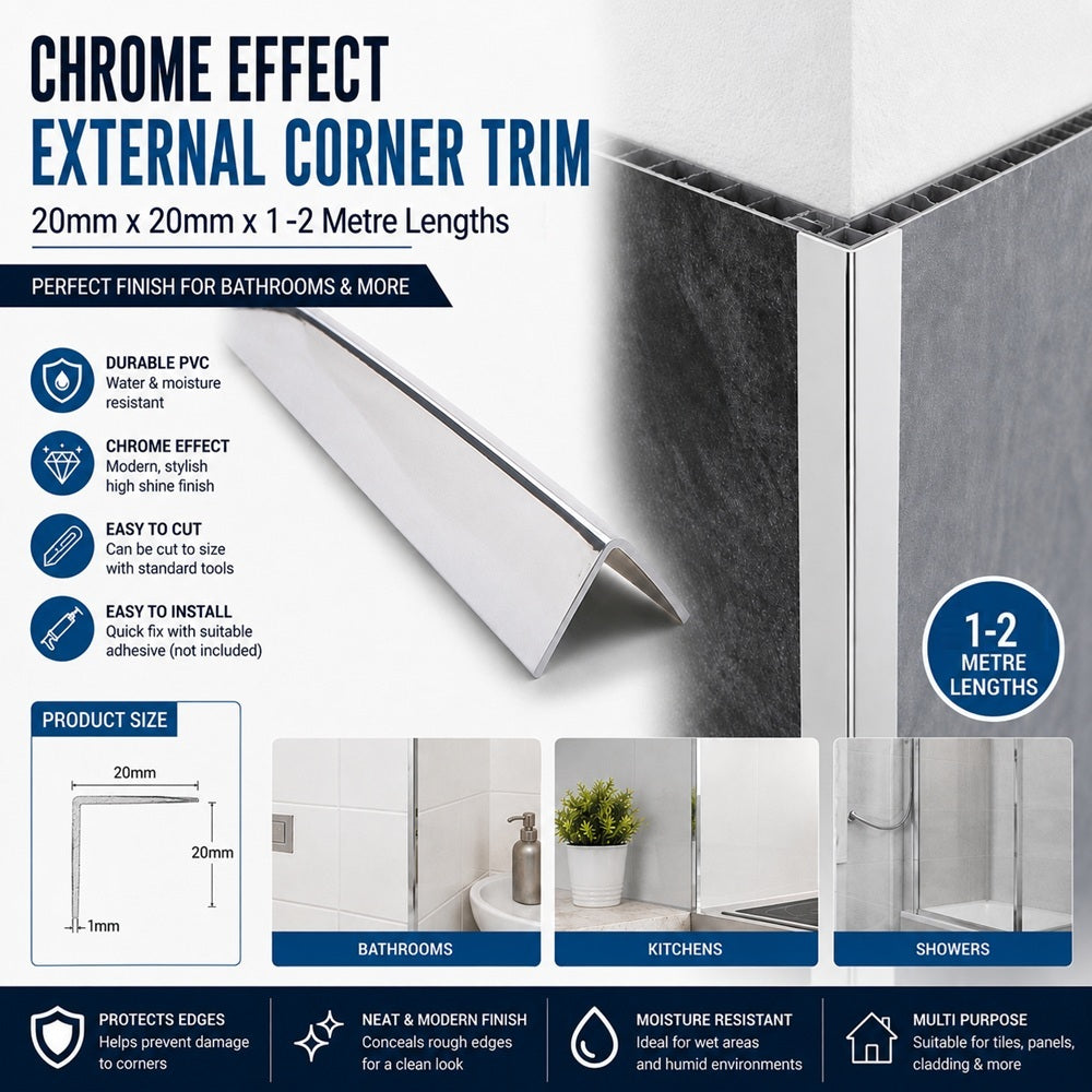 Chrome PVC external corner trim for bathroom wall panels and tiles