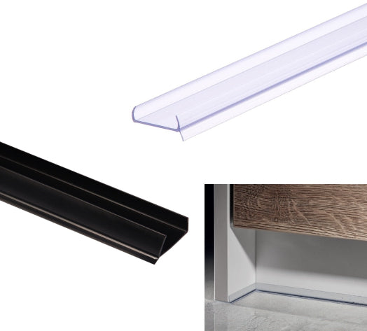 Two types of U-shaped channel trim: a clear acrylic version shown in the top right and a black metal version shown in the bottom left. A small inset in the bottom right shows the black trim installed under a wooden cabinet.