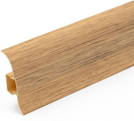 A wood coloured plastic skirting board designed with a wire cover feature